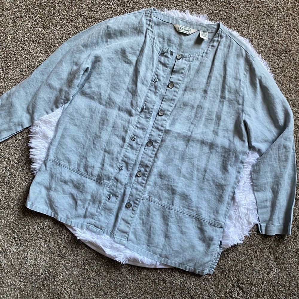 L.L. Bean Linen Button Front Thin Jacket Shacket Blue‎ Womens Size Medium Petite
